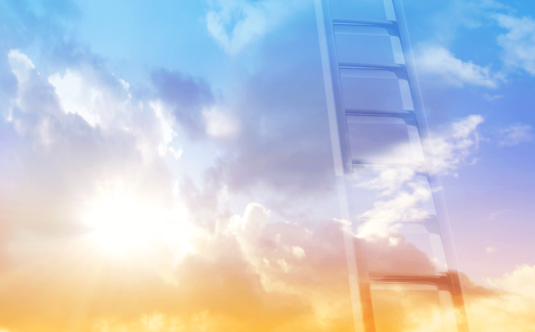 A ladder ascending into a colorful sky with clouds.