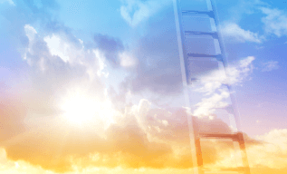 A ladder ascending into a bright, colorful sky with clouds.